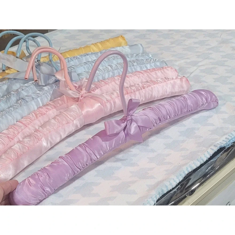 Vtg 7 Padded Satin Lingerie Hangers Pastel Pink Blue Lavender Yellow 15in